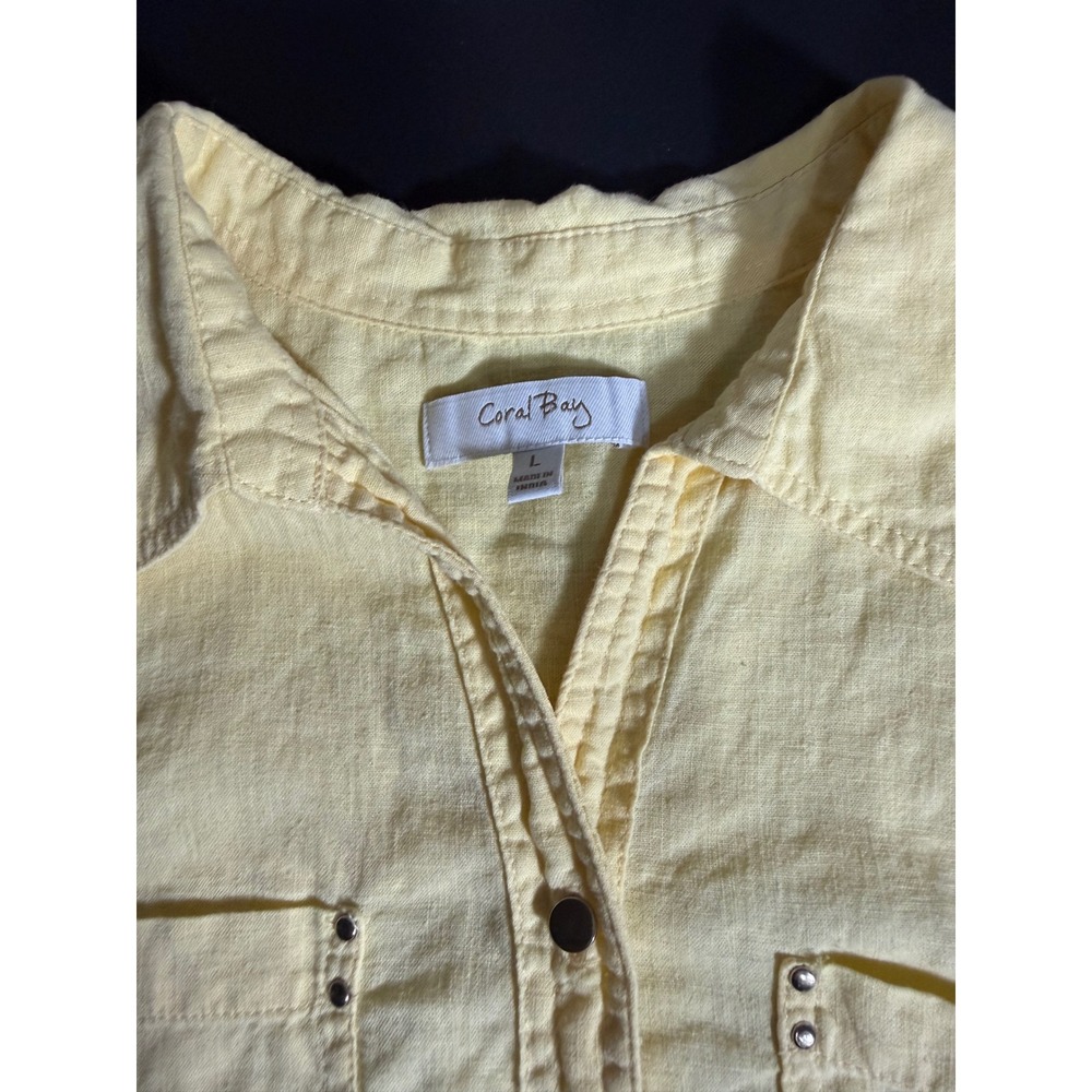 Coral Bay Yellow Linen Blend Button Up Shirt 3/4 Sleeve Studded Pockets Large